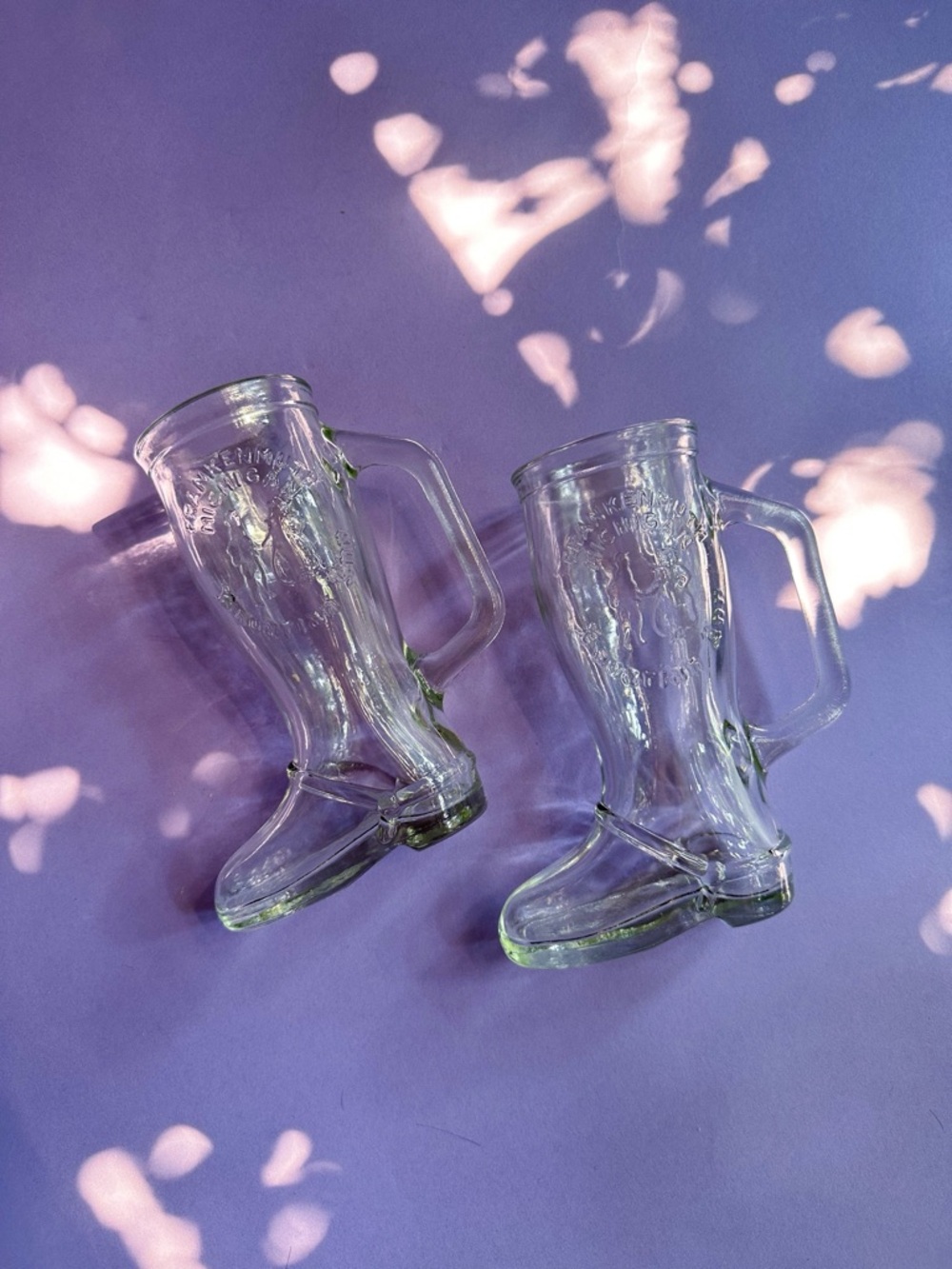 Pair of Vintage 1975 Bavarian Inn Glass Boot Mugs, Frankenmuth - Michigan